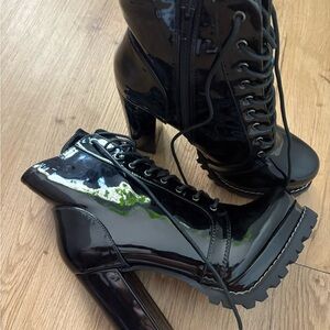 Black Patent Leather Lace-Up Boots